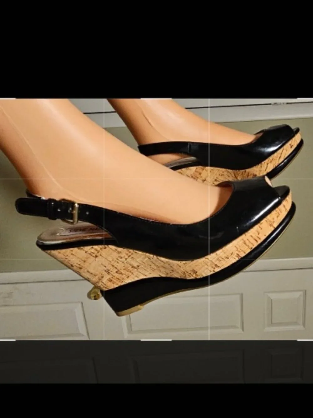 Steve Madden Black Slingback Peep Toe Cork Wedge Pumps Sz 38 fits 7